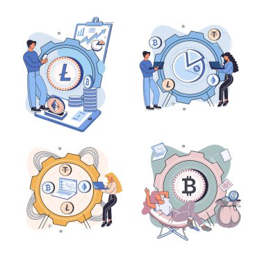 Şifreli para madenciliği. Madenciler ve madeni paralar ile kripto para kavramı. Engelleme zinciri aktarımı