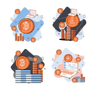 Kripto piyasa tasarımı. İnsan kripto tüccarı dizüstü bilgisayarla çalışır. Bitcoin aktarımları metaforu