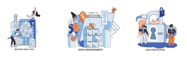 Plataforma de análisis de macrodatos, gestión de datos y protección Conjunto de metáforas creativas Concepto abstracto — Archivo Imágenes Vectoriales