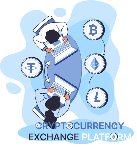 Cryptocurrency exchange and blockchain. Bitcoin mining, exchange platform, investment technology — Stock Vector