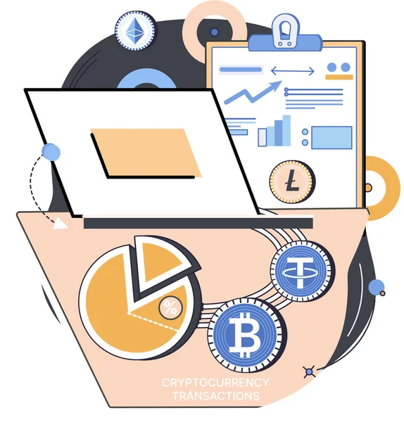 Cryptocurrency exchange and transactions. Bitcoin, Litecoin, Ethereum exchange online platform — Stock Vector