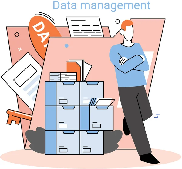Gestión de datos, centro de datos, protección empresarial, almacenamiento racional de información, privacidad digital — Vector de stock