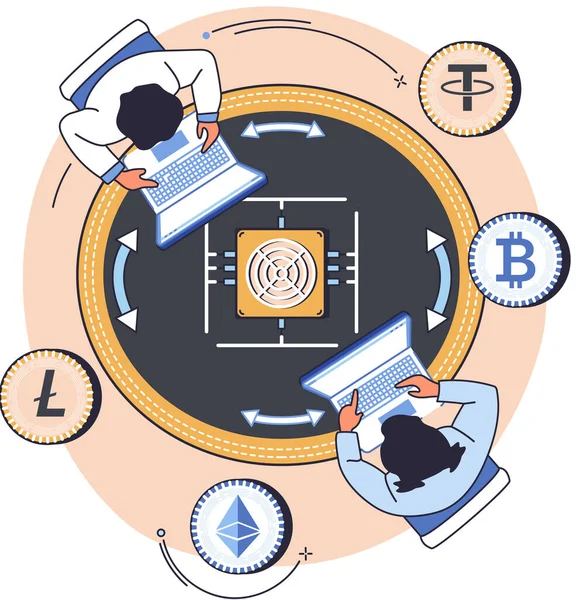 Plataforma de cambio de criptomonedas y blockchain. Bitcoin minería, plataforma de cambio, tecnología de inversión — Vector de stock