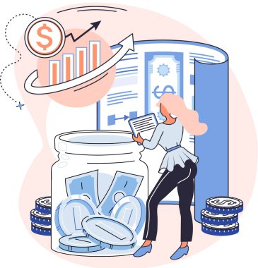 Tasarruf hesabı. Kavanoz kumbarasına para koyan kadın, para birikimi, online bankacılık.