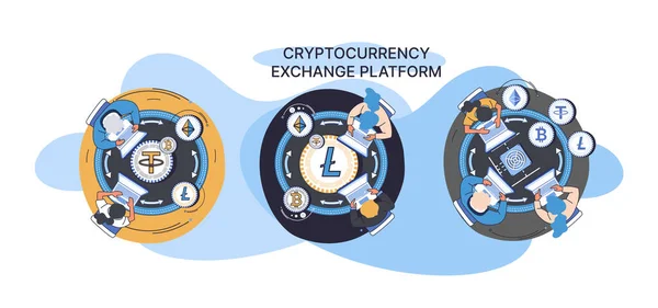 Cryptocurrency exchange platform and blockchain. Bitcoin mining, exchange platform, investment technology — Stock Vector