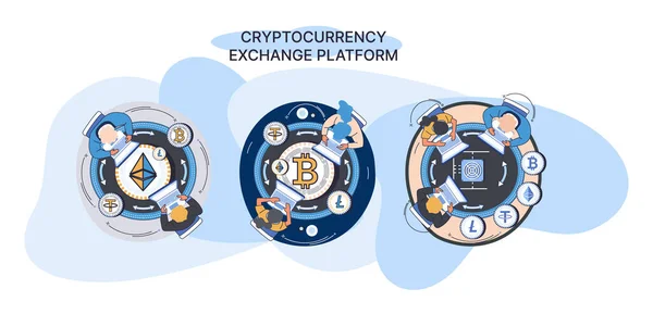 Cryptocurrency csere platform és blockchain. Bitcoin bányászat, csereplatform, befektetési technológia — Stock Vector