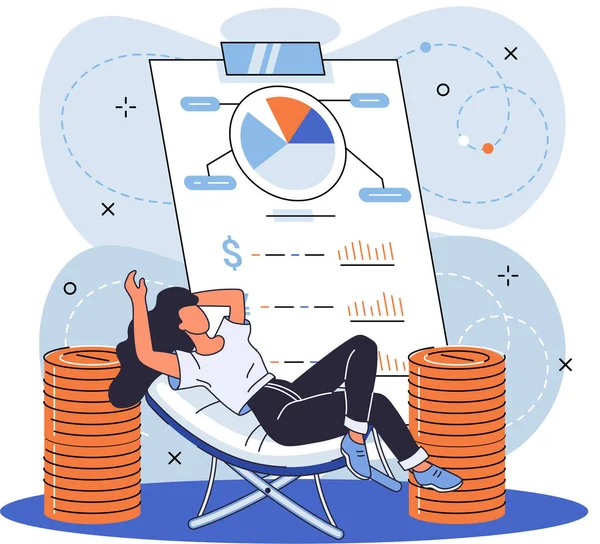 Saving account, passive income. Woman near stack of coins. Bank account accumulation of funds wealth — Stock Vector