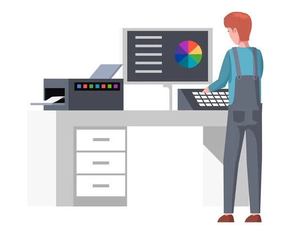 Pracownik kontroluje proces drukowania w poligrafii z komputerem. Człowiek wybierający kolor tuszu drukarskiego — Wektor stockowy