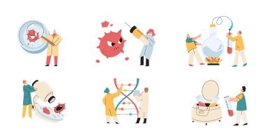 Antivirüs aşısı. Bilimsel araştırmaları yürüten bilim adamları laboratuvar asistanlarından oluşan bir takım test tüpü sahnesi hazırladılar.