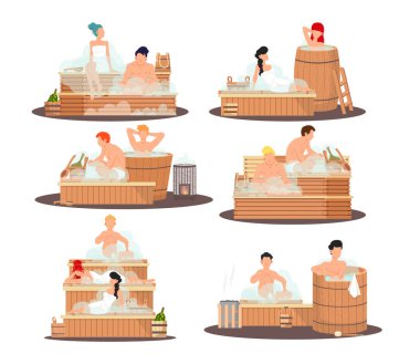 Sauna ve buhar odası. Saunada bir grup insan. İnsanlar banya 'da huş süpürgeleriyle rahatlar ve buharlaşır.