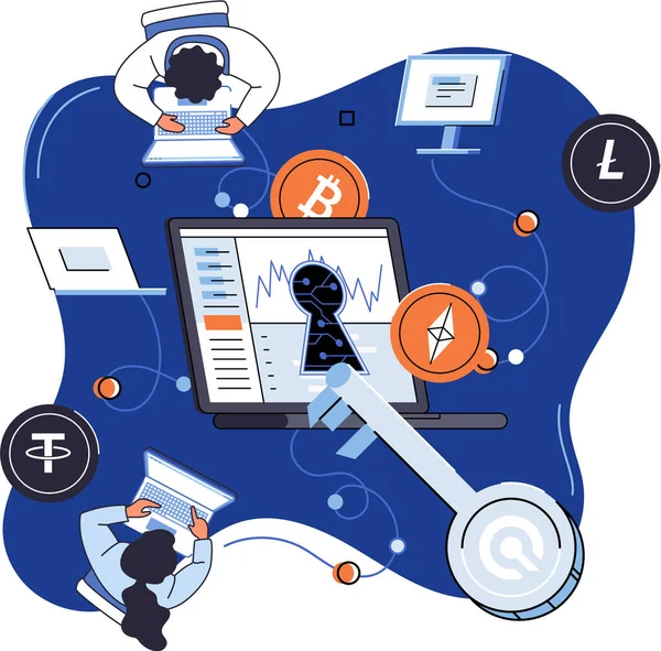 Criptomoeda plataforma de câmbio e blockchain. Bitcoin mineração, plataforma de câmbio, tecnologia de investimento —  Vetores de Stock