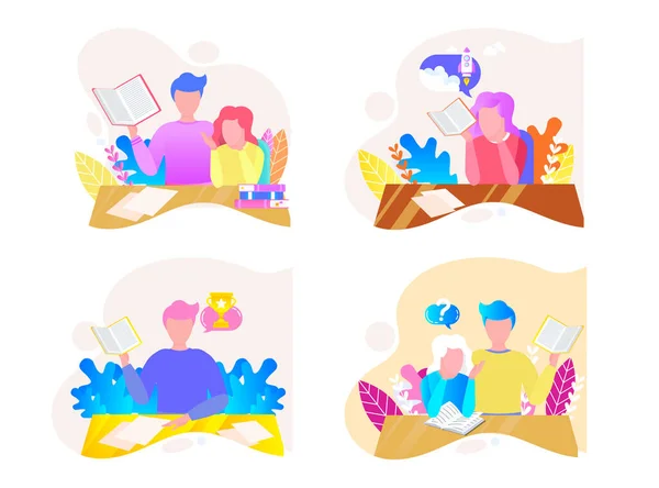 Lectura de personas plana juego de caracteres con libros revistas literatura ilustración vectorial aislado — Vector de stock