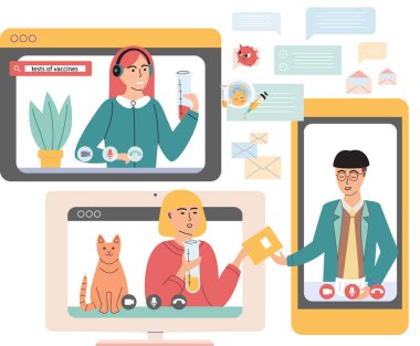 Sanal toplantı, online takım çalışması. Video konferansına katılan bir grup meslektaşla bilgisayar