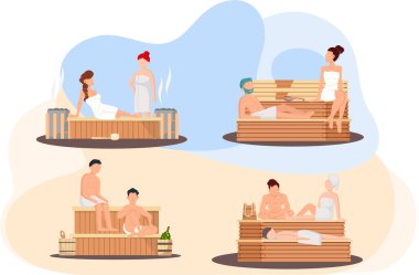 Sauna ve buhar odası. Saunada bir grup insan. İnsanlar banya 'da huş süpürgeleriyle rahatlar ve buharlaşır.