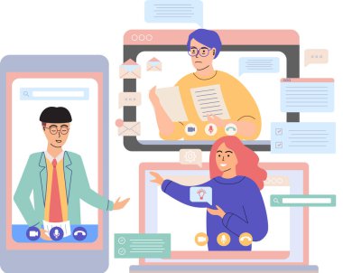 Sanal toplantı, online takım çalışması. Video konferansına katılan bir grup meslektaşla bilgisayar