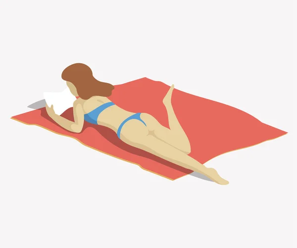 Pani bierze kąpiel słoneczną siedząc na plaży odpoczywając. Kobieta leżąca na czerwonym ręczniku odizolowana na białym — Wektor stockowy