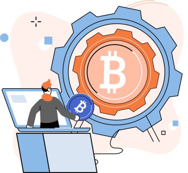 Kripto para bitcoin madencilik metaforu, engelleme zinciri teknolojisi. Siber bankacılık işlemleri