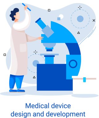 Bilim adamlarıyla tıbbi cihaz tasarımı ve geliştirme afişi ekipman ve deney metaforu geliştirir