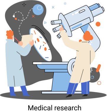 Tıbbi araştırma metaforu. Laboratuvar teşhis hizmetleri. Bilim adamları ekipman ve mikroskopla çalışıyorlar