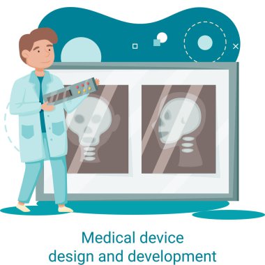 Bilim adamlarıyla tıbbi cihaz tasarımı ve geliştirme afişi ekipman ve deney metaforu geliştirir