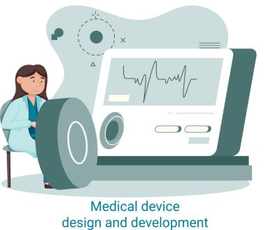 Bilim adamlarıyla tıbbi cihaz tasarımı ve geliştirme afişi ekipman ve deney metaforu geliştirir