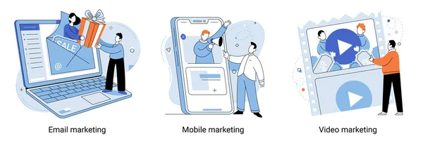 Email, technologie de marketing mobile et vidéo. Acquisition d'acheteurs, stratégie de promotion pour la métaphore des médias sociaux — Image vectorielle