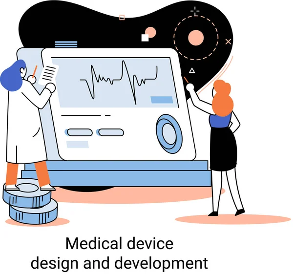 의료 기기 설계 및 개발 현수막 과학자 개발 장비 및 실험 메타포 — 스톡 벡터