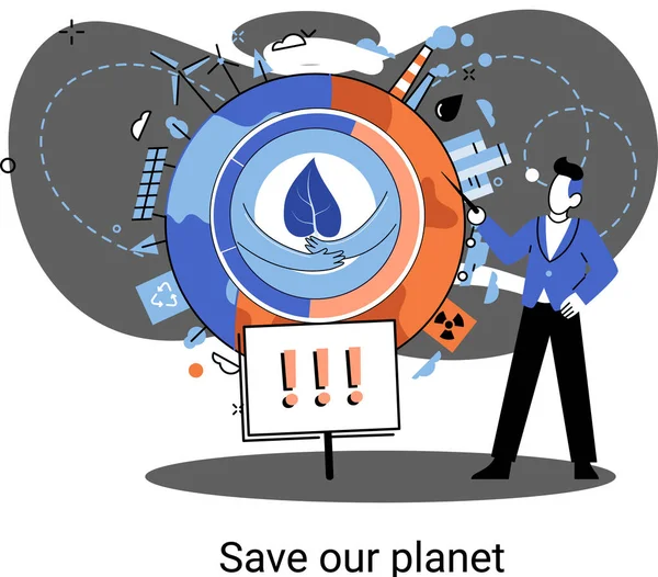 Presentación de banner para protección ecológica. Impacto humano en la ecología y la naturaleza del planeta Tierra — Vector de stock