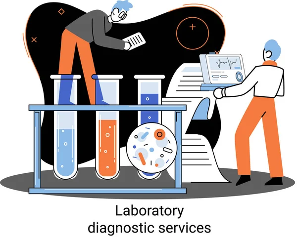 Laboratorní diagnostické služby, výzkum zdravotních ukazatelů, léčba, lékařské vyšetření v klinické metaforě — Stockový vektor