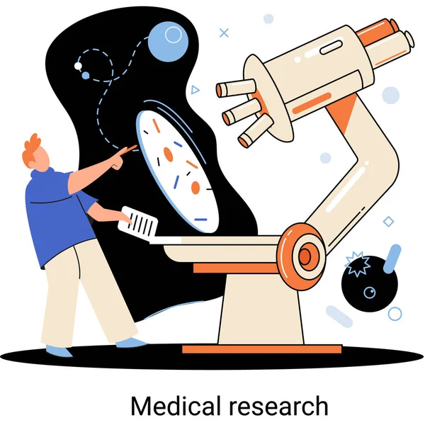 Metapher der medizinischen Forschung. Labordiagnostische Dienstleistungen. Wissenschaftler arbeiten mit Geräten und Mikroskop — Stockvektor