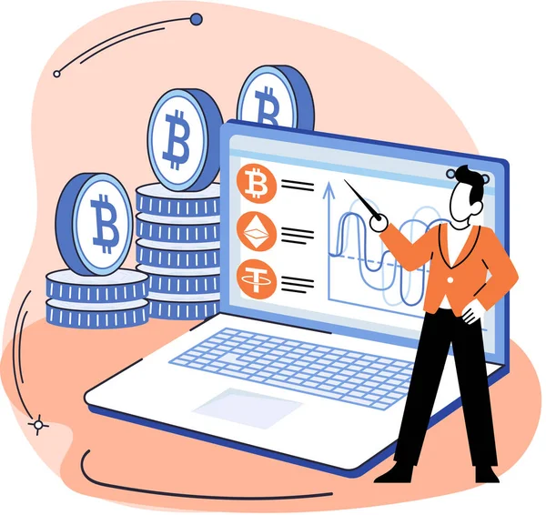 Criptomoeda Bitcoin metáfora de mineração, tecnologia Blockchain. Procedimentos de intercâmbio ciberbancário —  Vetores de Stock
