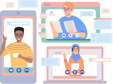 Sanal toplantı, online takım çalışması. Video konferansına katılan bir grup meslektaşla bilgisayar