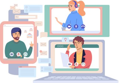 Sanal toplantı, online takım çalışması. Video konferansına katılan bir grup meslektaşla bilgisayar