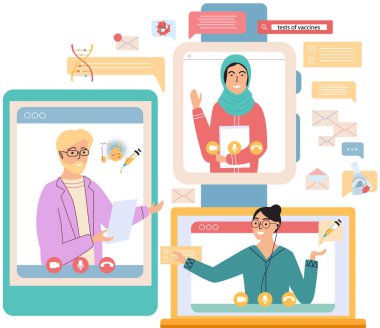 Sanal toplantı, online takım çalışması. Video konferansına katılan bir grup meslektaşla bilgisayar