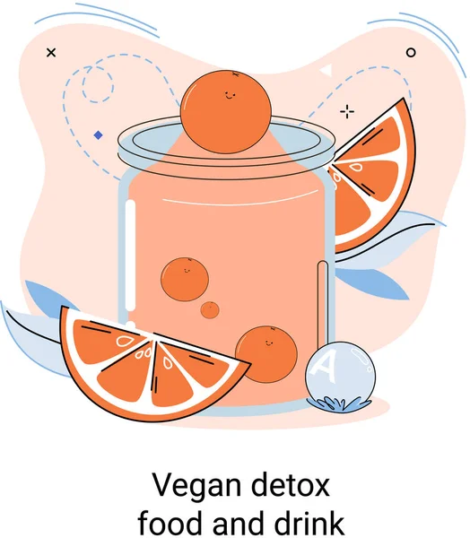 Органічний вітамінний напій як здоровий дієтичний коктейль для схуднення крихітної людини. Веганська детоксикаційна метафора їжі та алкоголю — стоковий вектор