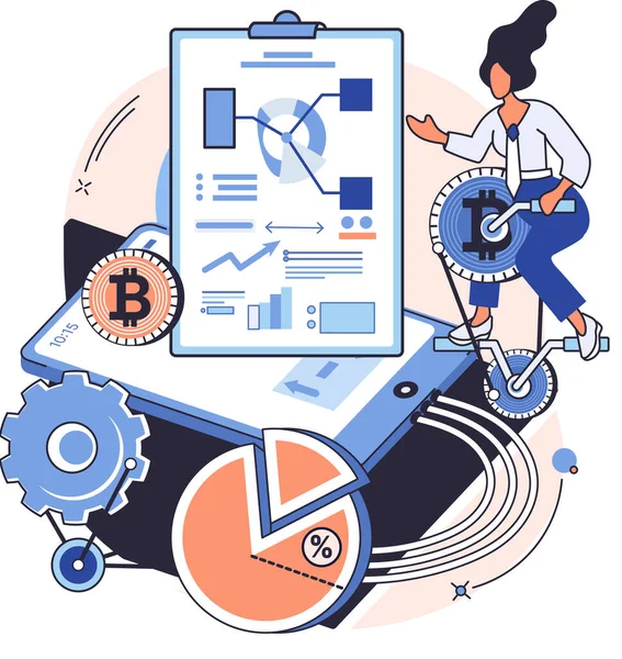 Cryptogeld Bitcoin mijnbouw metafoor, Blockchain technologie. Cyberbancaire uitwisselingsprocedures — Stockvector
