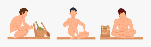 Hombre sentado y relajado en escenas de sauna. Bañera o banya. Disfrutando de los procedimientos de spa de bienestar — Vector de stock