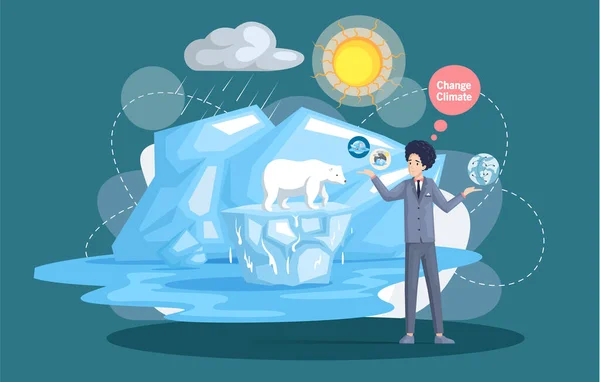 Global warming, climate change concept. Polar bear on ice floe sea level rise, nature damage — Stock Vector