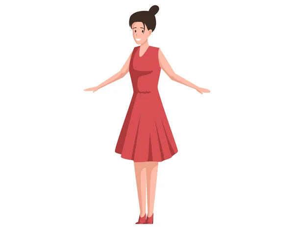 Вид в полный рост симпатичного женского персонажа. Застенчивая девушка в платье стоит с руками на сторонах — стоковый вектор