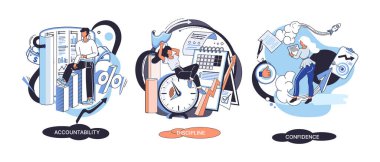 Kişisel kalite konsept vektör çizimleri ayarlandı. Güven, sorumluluk ve disiplin. Yaratıcı metafor