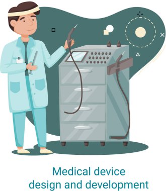 Bilimadamı ile tıbbi cihaz tasarımı ve geliştirme afişi ekipman ve cihazları geliştirir