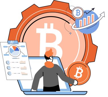 Kripto para bitcoin madencilik metaforu, engelleme zinciri teknolojisi. Siber bankacılık işlemleri