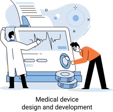 Bilim adamlarıyla tıbbi cihaz tasarımı ve geliştirme afişi ekipman ve deney metaforu geliştirir