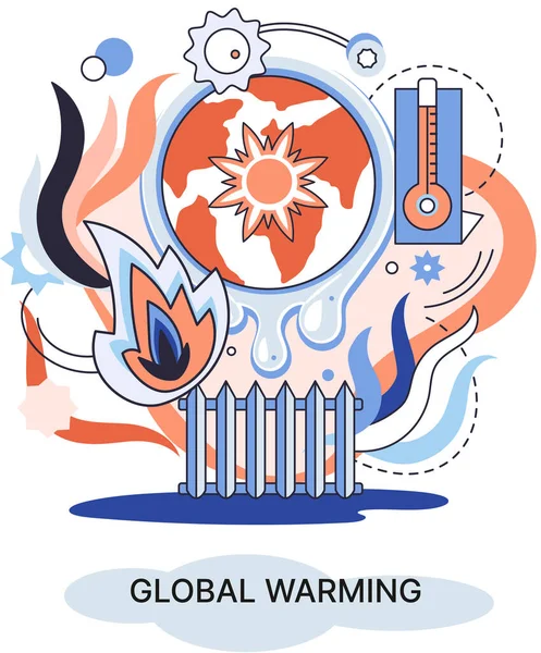 Metáfora do aquecimento global, alterações climáticas humanas, emissões destroem a atmosfera e o ar, desastres naturais —  Vetores de Stock