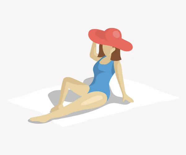 Pani w kapeluszu bierze kąpiel słoneczną i odpoczywa na plaży. Kobieta leżąca na ręczniku odizolowana na białym — Wektor stockowy