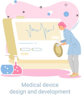 Bilimadamı olan tıbbi cihaz tasarımı ve geliştirme afişi araştırma yazılımı ve program geliştirir