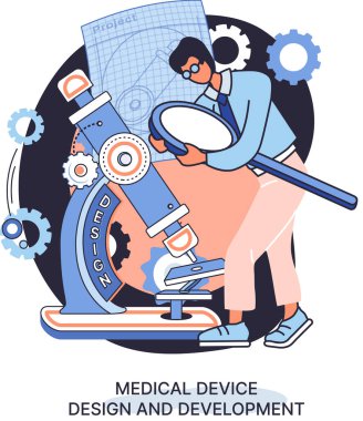 Bilim adamlarıyla tıbbi cihaz tasarımı ve geliştirme afişi ekipman ve deney metaforu geliştirir