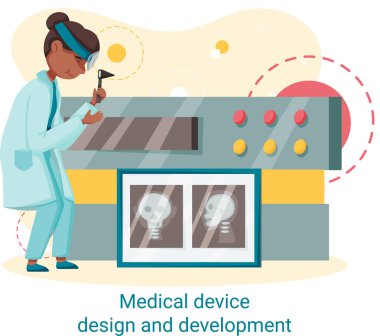 Bilimadamı ile tıbbi cihaz tasarımı ve geliştirme afişi ekipman ve cihazları geliştirir