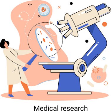 Tıbbi araştırma metaforu. Laboratuvar teşhis hizmetleri. Bilim adamları ekipman ve mikroskopla çalışıyorlar