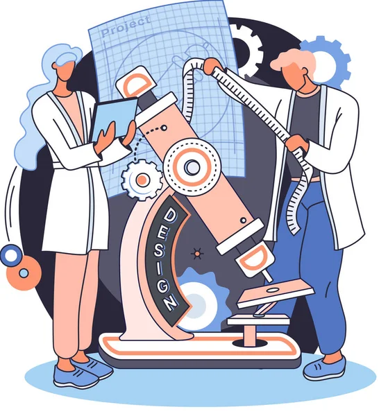 Projektowanie i rozwój urządzeń medycznych baner z naukowcem rozwijać sprzęt i metafora eksperymentu — Wektor stockowy